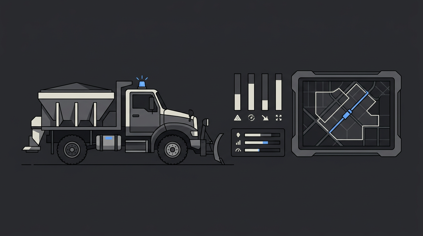 Illustration of a commercial service vehicle with in-cab telemetry and field mapping displays.