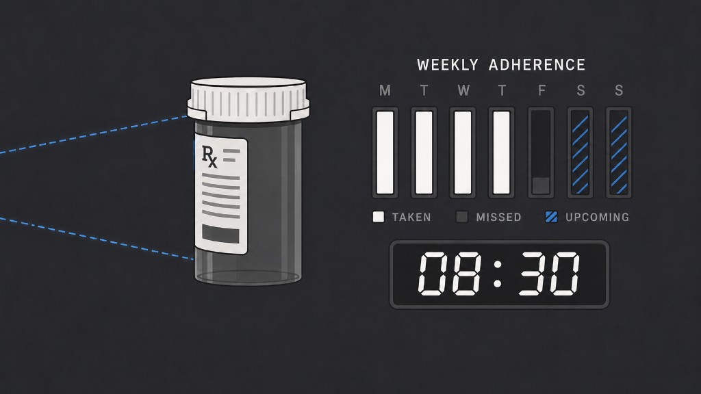 Illustration of a prescription bottle in a camera field of view with weekly medication adherence and a digital dose time display.