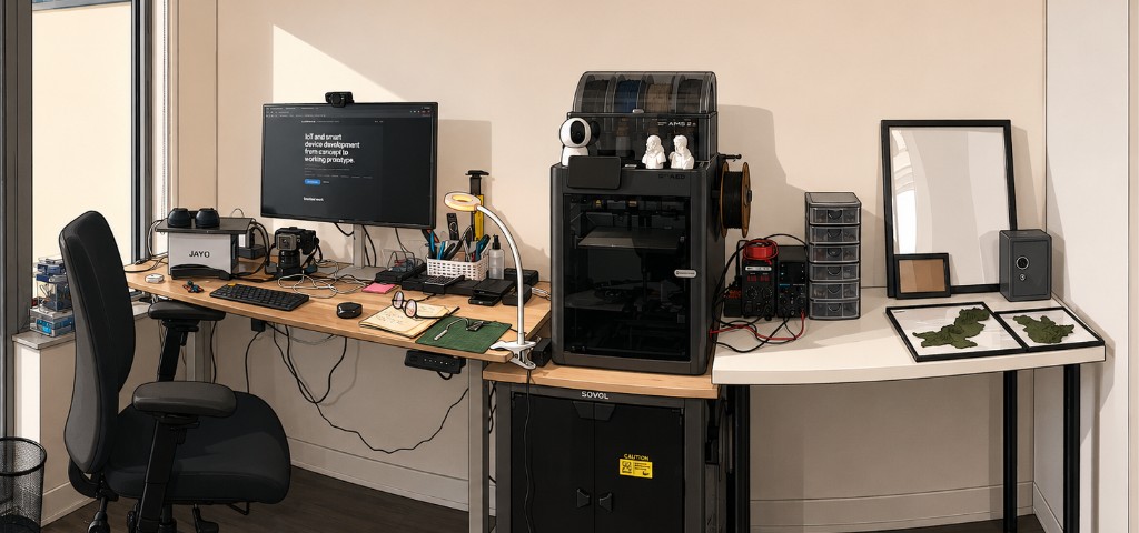 D3Prototypes workshop in Toronto — design desk, 3D printer, and electronics bench for in-house hardware development.